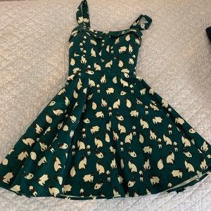 green fit and flare cat dress